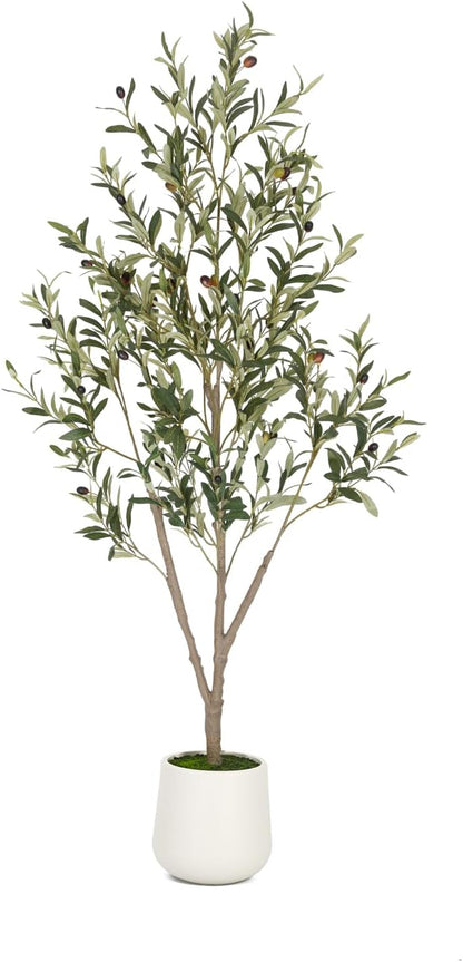 VIVATREES Olive Trees Artificial Indoor, 5FT Tall Faux Olive Tree with White Tall Planter, Artificial Plants with Natural Wood Trunk and Lifelike Fruits for Home Office Decor