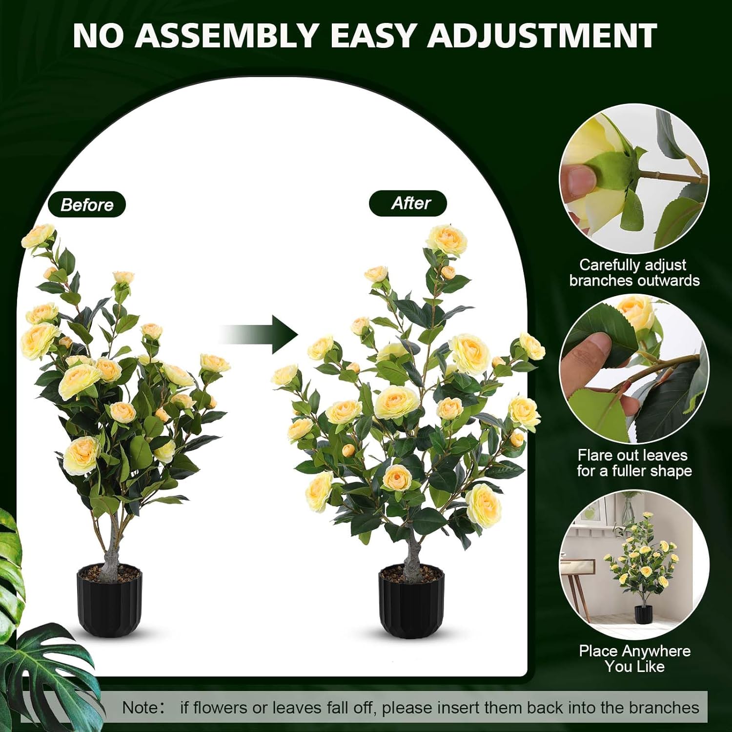 2 Pcs Artificial Camellia Trees Faux Camellia Plant in Pot with Flowers Indoor Plants for Spring Home Decor Outdoor Porch Front Door Decor (Yellow, M)