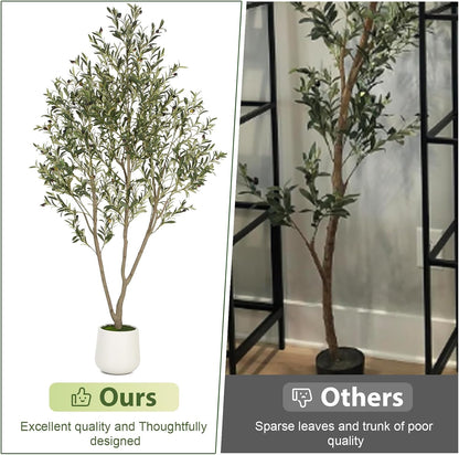 VIVATREES Olive Trees Artificial Indoor, 5FT Tall Faux Olive Tree with White Tall Planter, Artificial Plants with Natural Wood Trunk and Lifelike Fruits for Home Office Decor