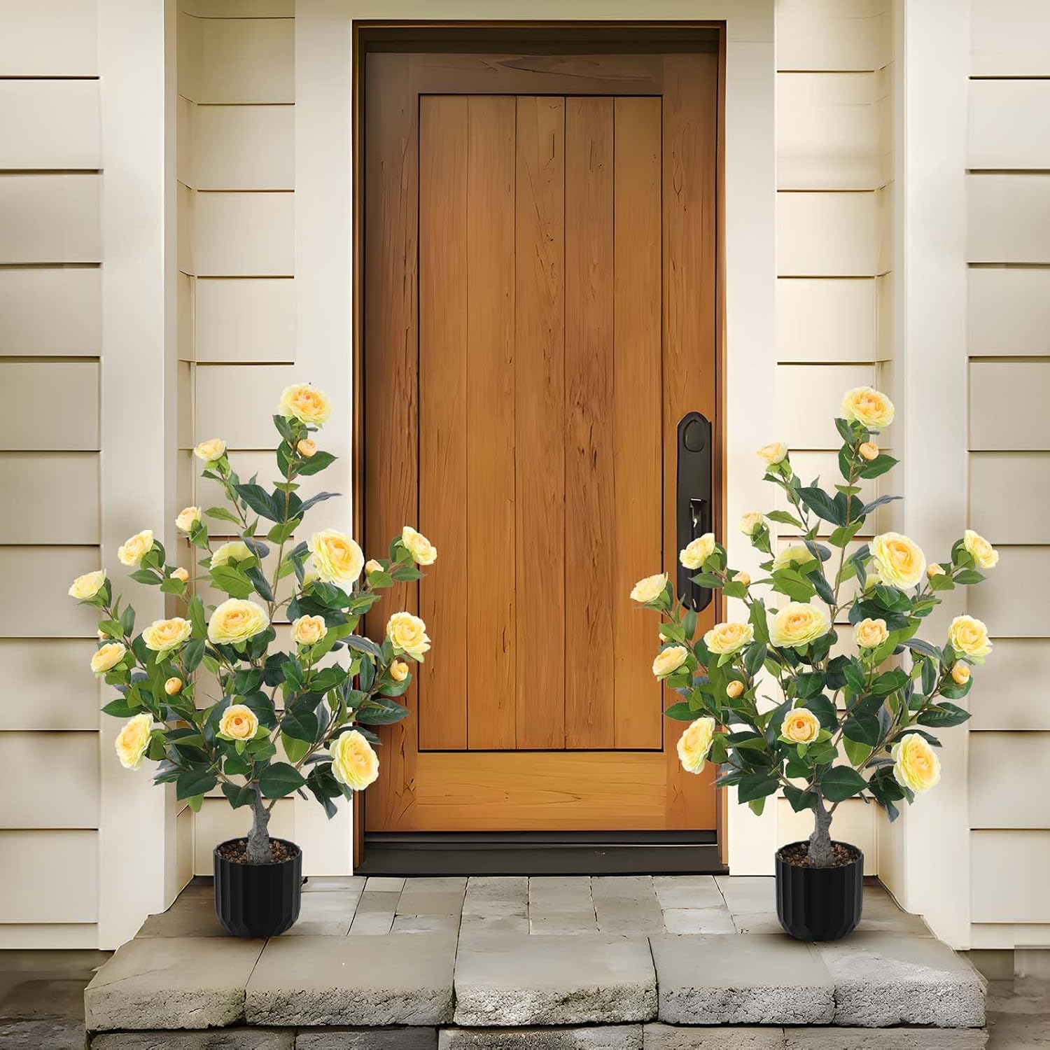 2 Pcs Artificial Camellia Trees Faux Camellia Plant in Pot with Flowers Indoor Plants for Spring Home Decor Outdoor Porch Front Door Decor (Yellow, M)