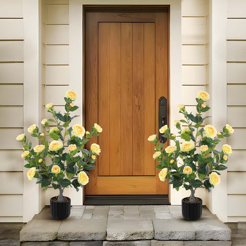 2 Pcs Artificial Camellia Trees Faux Camellia Plant in Pot with Flowers Indoor Plants for Spring Home Decor Outdoor Porch Front Door Decor (Yellow, M)