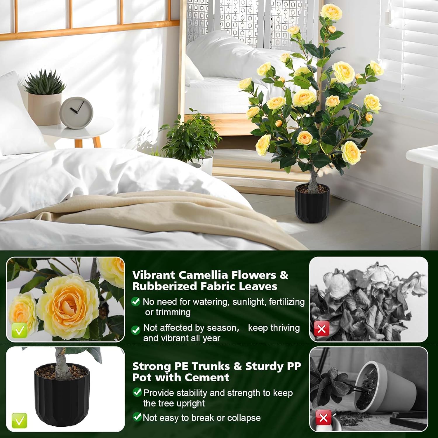 2 Pcs Artificial Camellia Trees Faux Camellia Plant in Pot with Flowers Indoor Plants for Spring Home Decor Outdoor Porch Front Door Decor (Yellow, M)