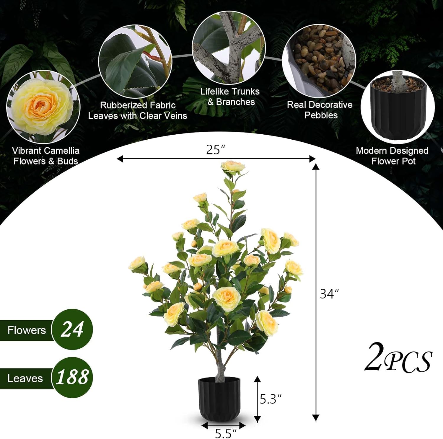 2 Pcs Artificial Camellia Trees Faux Camellia Plant in Pot with Flowers Indoor Plants for Spring Home Decor Outdoor Porch Front Door Decor (Yellow, M)