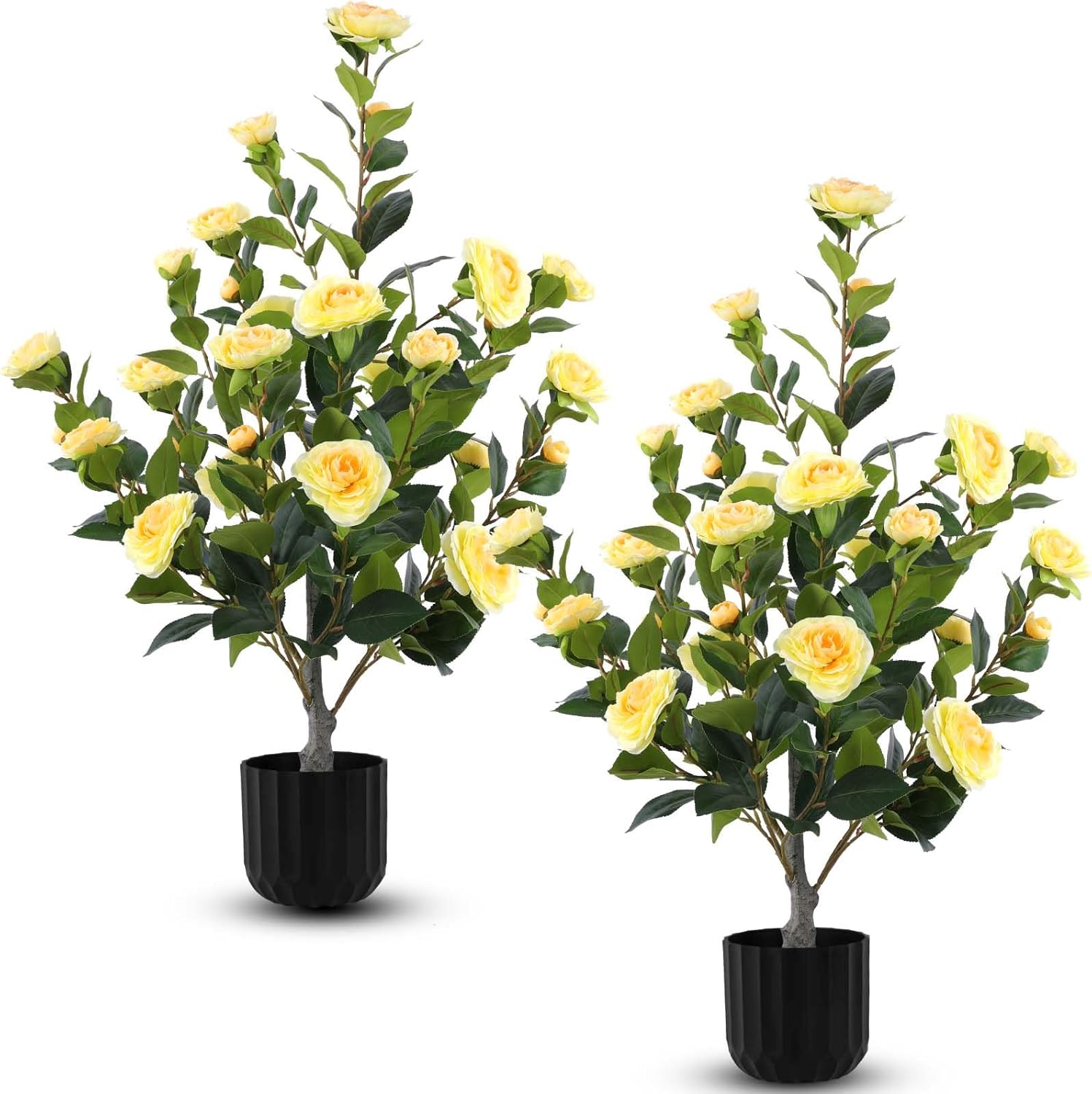 2 Pcs Artificial Camellia Trees Faux Camellia Plant in Pot with Flowers Indoor Plants for Spring Home Decor Outdoor Porch Front Door Decor (Yellow, M)