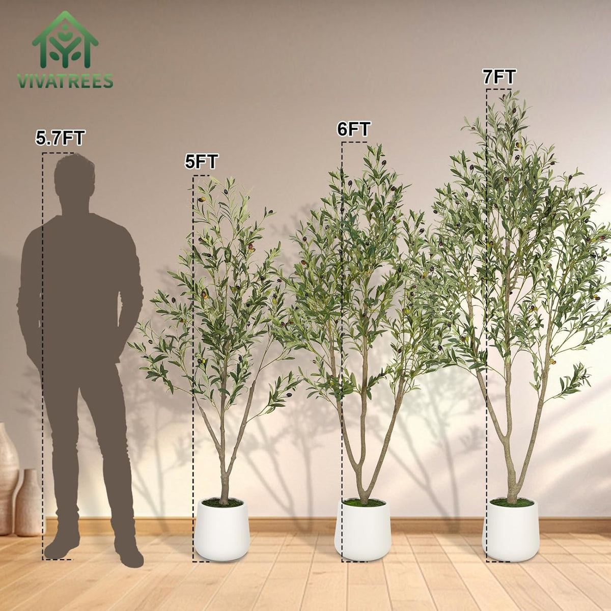 VIVATREES Olive Trees Artificial Indoor, 5FT Tall Faux Olive Tree with White Tall Planter, Artificial Plants with Natural Wood Trunk and Lifelike Fruits for Home Office Decor