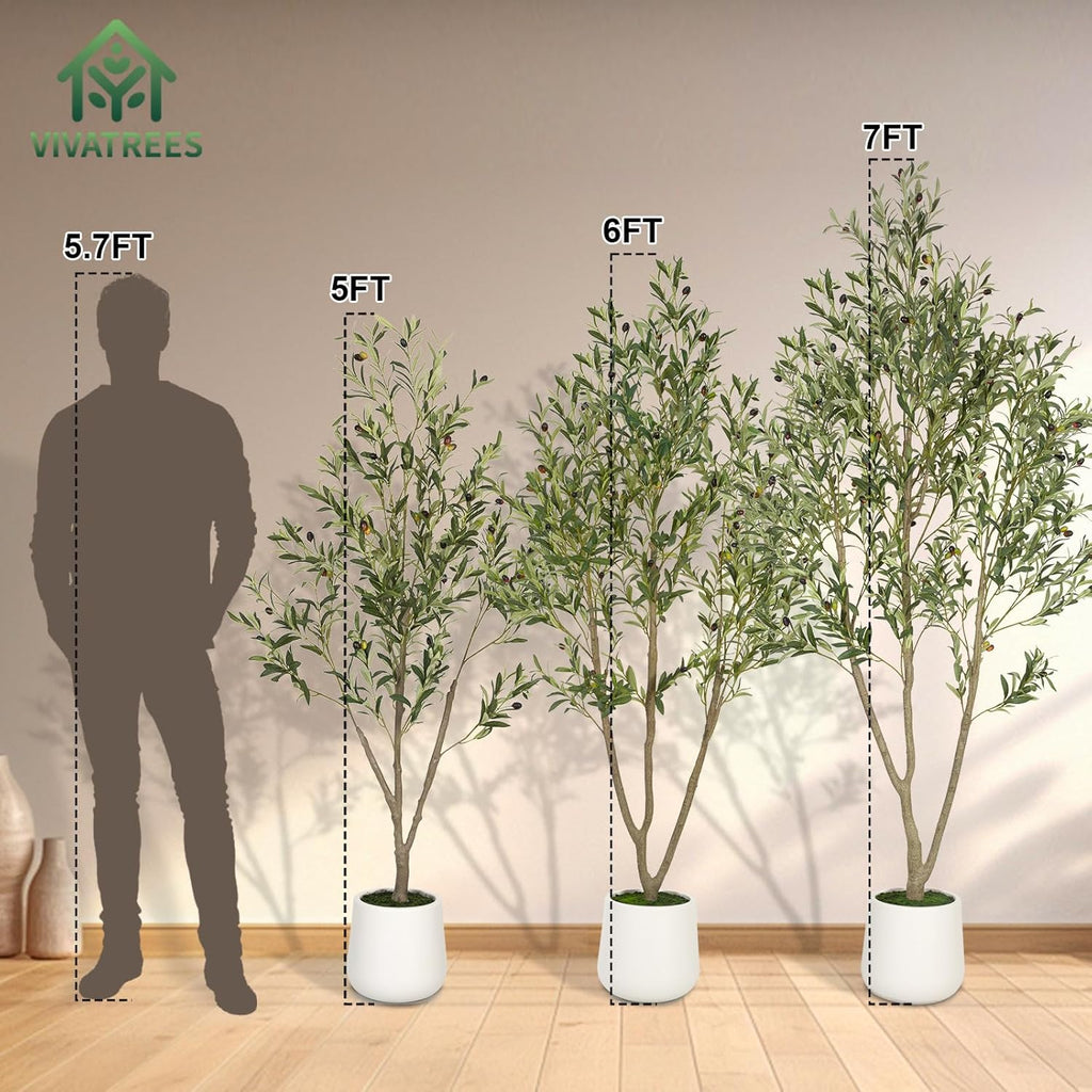 VIVATREES Olive Trees Artificial Indoor, 5FT Tall Faux Olive Tree with White Tall Planter, Artificial Plants with Natural Wood Trunk and Lifelike Fruits for Home Office Decor
